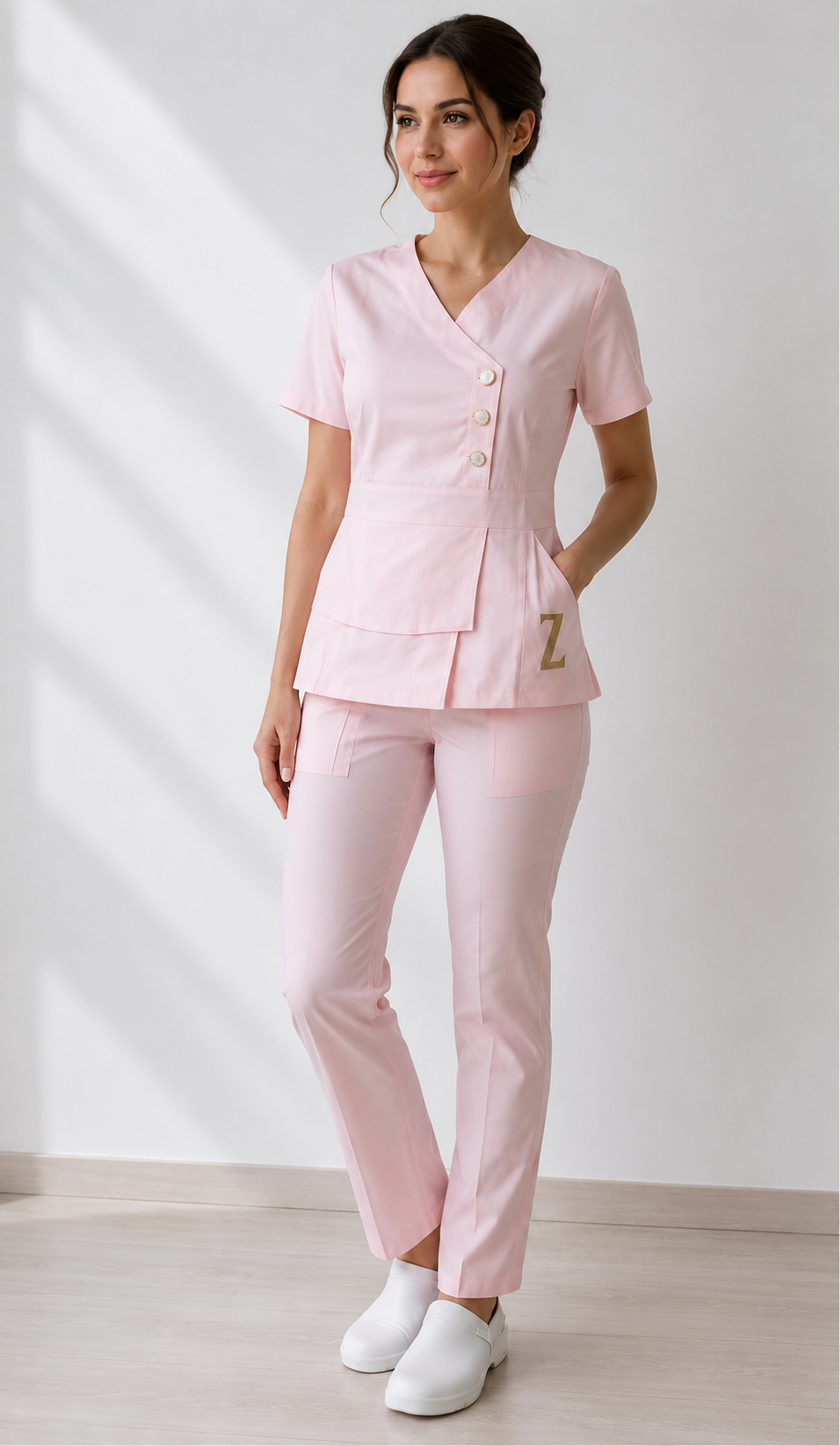 Bluză Medicală ZIBA ÉLÉGANCE | Roz Pudrat + Pantaloni Cadou