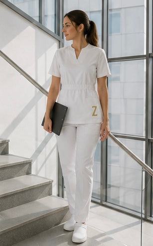 Bluză Medicală ZIBA PURE | Alb + Pantaloni Cadou