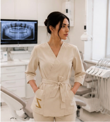 Bluză Medicală ZIBA ESSENCE | Bej + Pantaloni Cadou